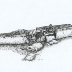 Pen and ink drawing of a broken World War II U-boat wreck lying on the seabed