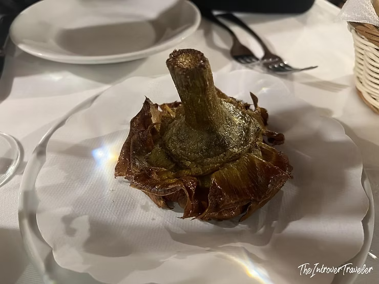 Carciofo alla giudia at Checco er Carettiere, Rome, fried but lacking the expected lightness