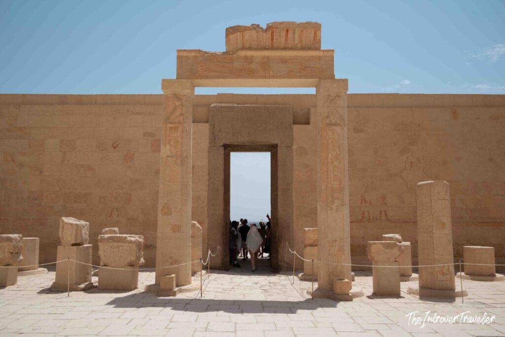 Carved gateway with painted hieroglyphs at the Temple of Hatshepsut, Deir el-Bahari, Egypt