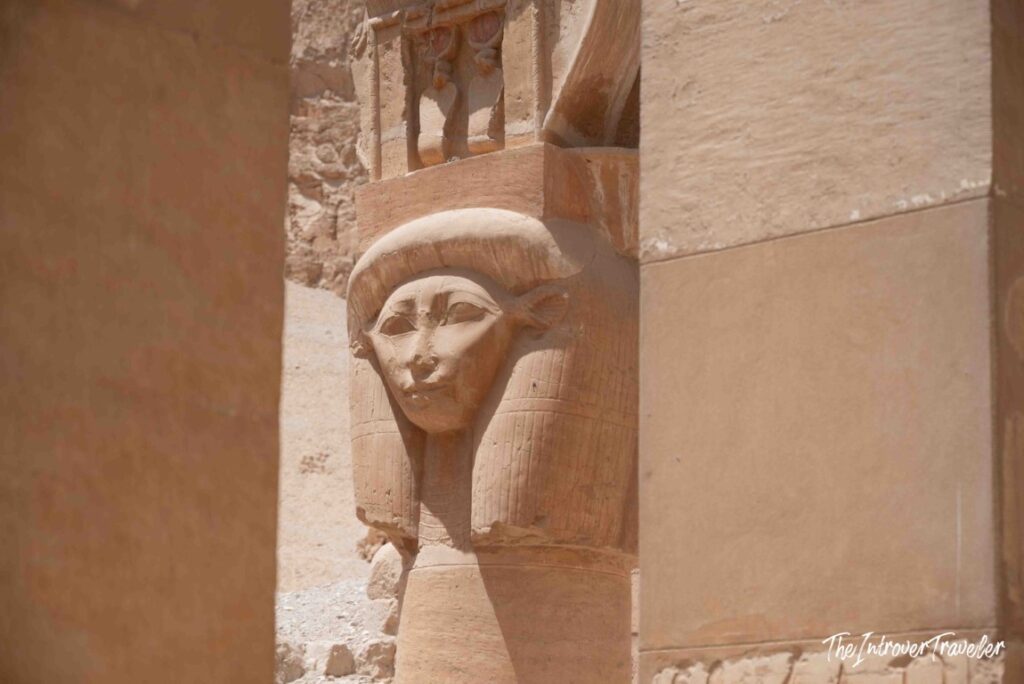 Hathor-headed column capital at the Temple of Hatshepsut, Deir el-Bahari, Luxor, Egypt