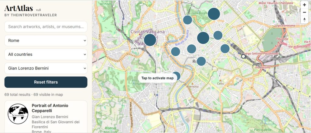 Bernini's major works in Rome mapped on ArtAtlas: Galleria Borghese, Cornaro Chapel, Piazza Navona, St. Peter's Basilica