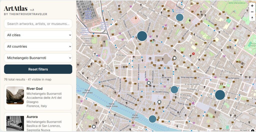 Michelangelo's major works in Florence mapped on ArtAtlas: Galleria dell'Accademia, Medici Chapels, Bargello, Uffizi