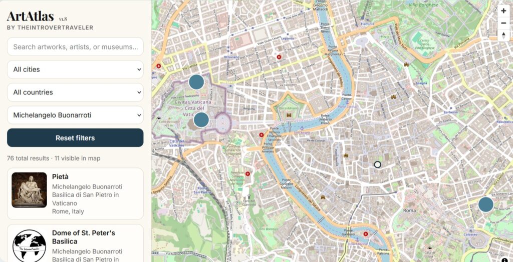 Michelangelo's major works in Rome mapped on ArtAtlas: Sistine Chapel, St. Peter's Basilica, San Pietro in Vincoli