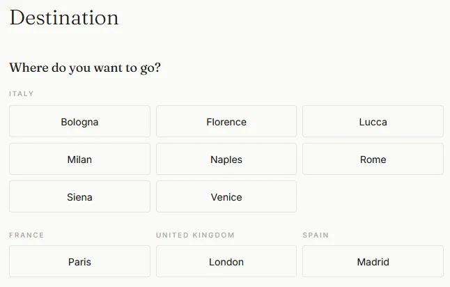 Flâneur destination selection screen