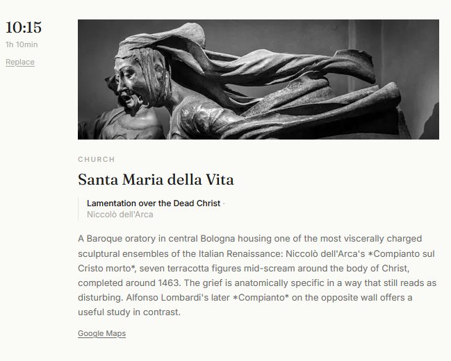 A Flaneur itinerary day in Bologna: the Santa Maria della Vita stop, with Niccolo dell'Arca's Lamentation over the Dead Christ, timed and sequenced for the visit.