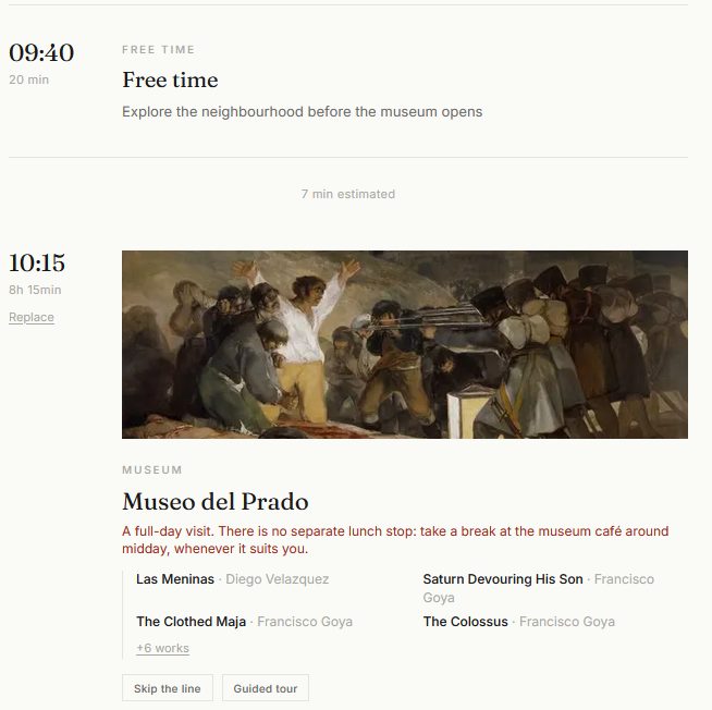 A Flaneur itinerary day in Madrid: free time before opening hours followed by a full-day stop at the Museo del Prado, with works by Goya and Velazquez, timed and sequenced for the visit.