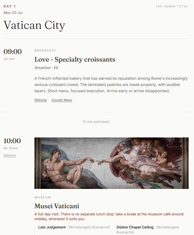 A Flaneur itinerary day in Rome: the Vatican Museums stop, with Michelangelo's Sistine Chapel ceiling and Last Judgement, timed and sequenced for the visit.