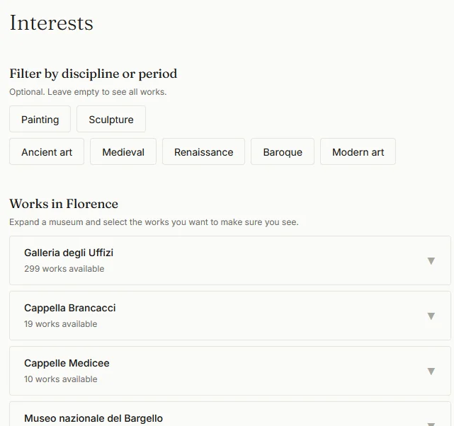 Flâneur interests screen filtering artworks in Florence