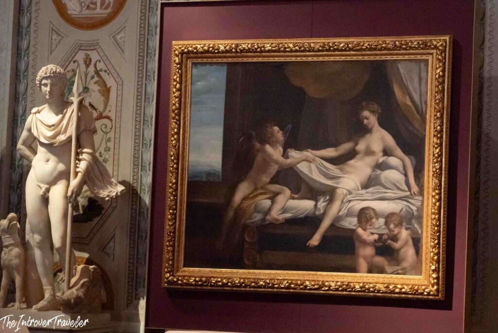 Correggio's Danaë beside an ancient marble statue, Borghese Gallery, Rome