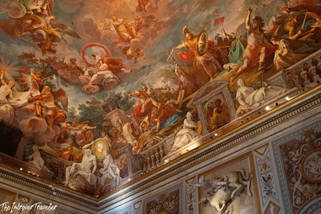 Frescoed ceiling with mythological figures above a gilded cornice, Borghese Gallery, Rome