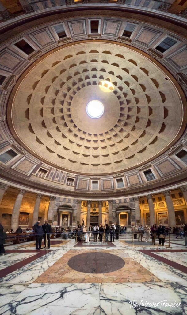 Interior of the Pantheon with the dome, the oculus and the Roman marble floor, Rome