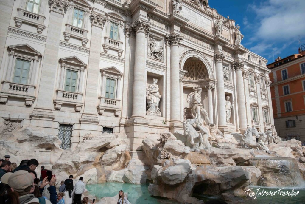 Trevi Fountain and the travertine reef seen from the side of the basin, Rome
