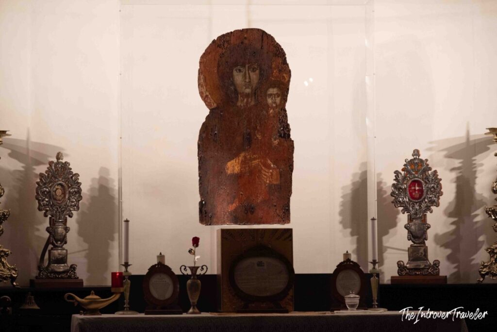 Madonna of the Pantheon, seventh-century icon on wood, displayed between silver reliquaries, Pantheon, Rome
