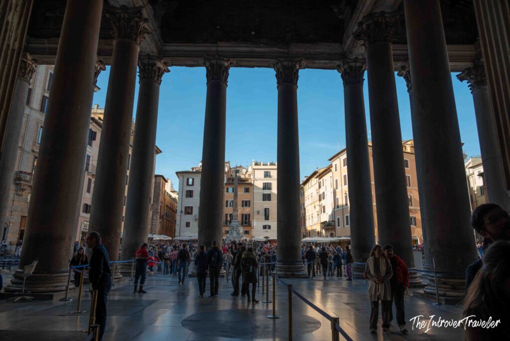 Granite columns of the Pantheon portico framing Piazza della Rotonda and its obelisk, Rome